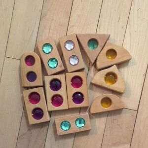 Bauspiel Wooden Colour Gem And Window Block- Assorted Pink, Purple, Yellow, Teal